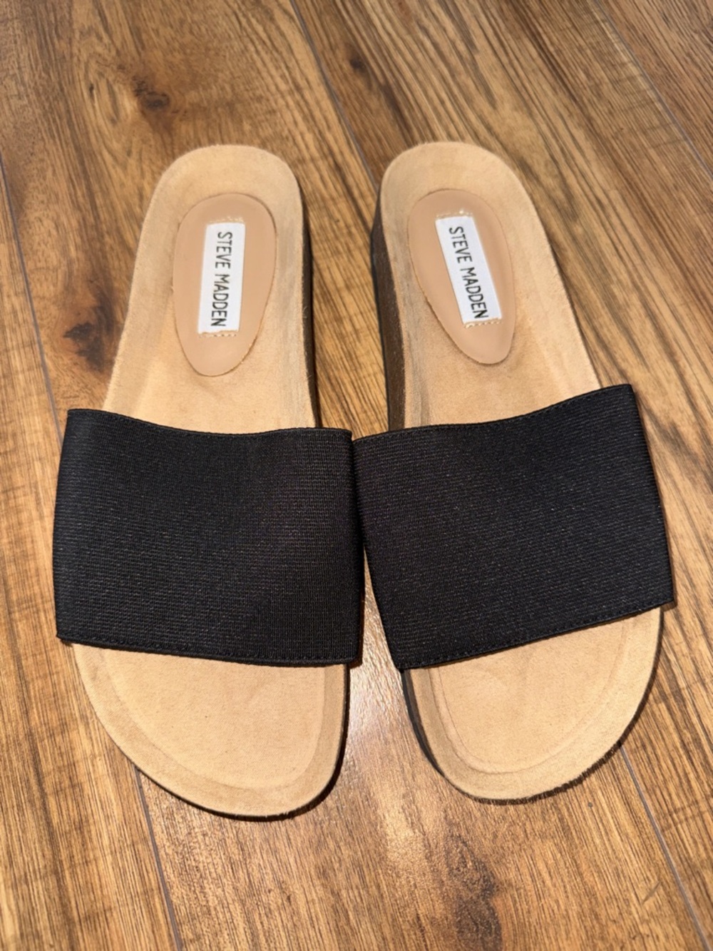 Steve Madden Black Slide Mules with Tan Footbed